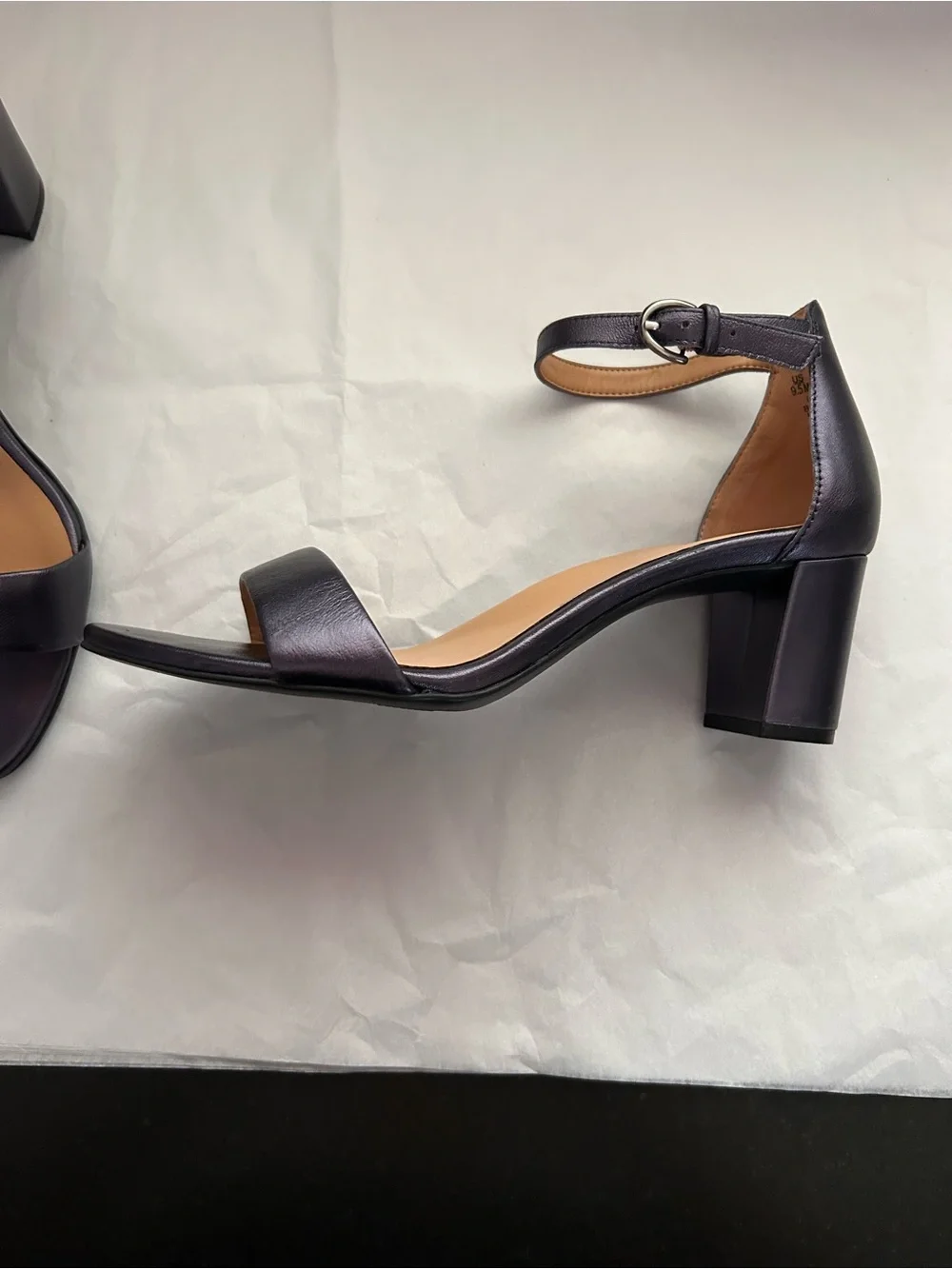 Naturalizer, 2 1/2” heel sandal, navy blue genuine leather, ankle strap, 9 1/2 .